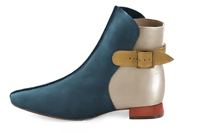 Peacock blue, gold and mustard yellow women's ankle boots with buckles at the back. Square toe. Flat flare heels. Profile view - Florence KOOIJMAN